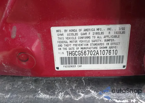 2002 Honda Accord 2.3 Se from USA, damaged, VIN 1HGCG56702A107610